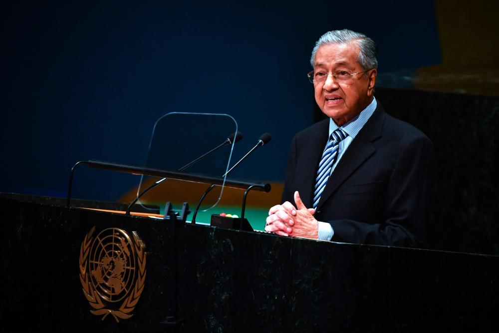 Prime Minister Tun Dr Mahathir Mohamad delivers his statement at the General Debate of the 74th Session of the United Nations General Assembly at the UN headquarters in New York on Friday, Sept 28, 2019. - Bernama