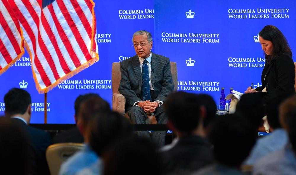 Prime Minister Tun Dr Mahathir Mohamad speaks at the World Leaders Forum held at Columbia University on Wednesday, Sept 25, 2019. - Bernama