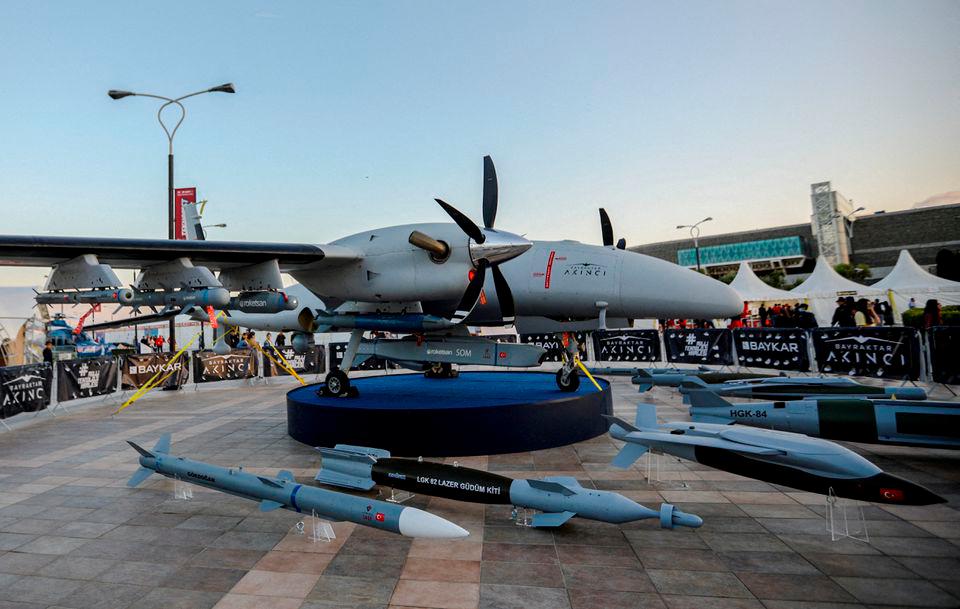 A Bayraktar Akinci unmanned combat aerial vehicle is exhibited at Teknofest aerospace and technology festival in Baku, Azerbaijan May 27, 2022. REUTERSpix