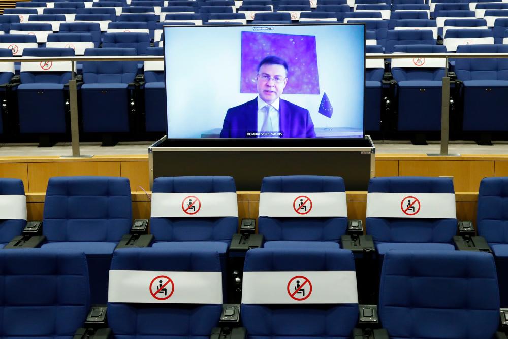 Dombrovskis speaking during a video conference on the Capital Markets Union and Digital Finance in Brussels on Thursday. – AFPPIX