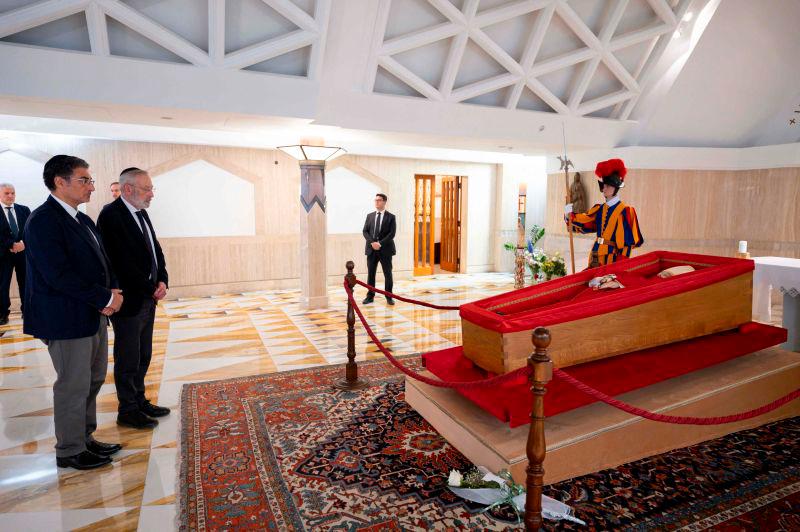 This photo taken and handout on April 22, 2025 by The Vatican Media shows Chief Rabbi of Rome Riccardo Di Segni as he pay his respect to late Pope Francis in the Chapel of Santa Marta in The Vatican. AFPpix