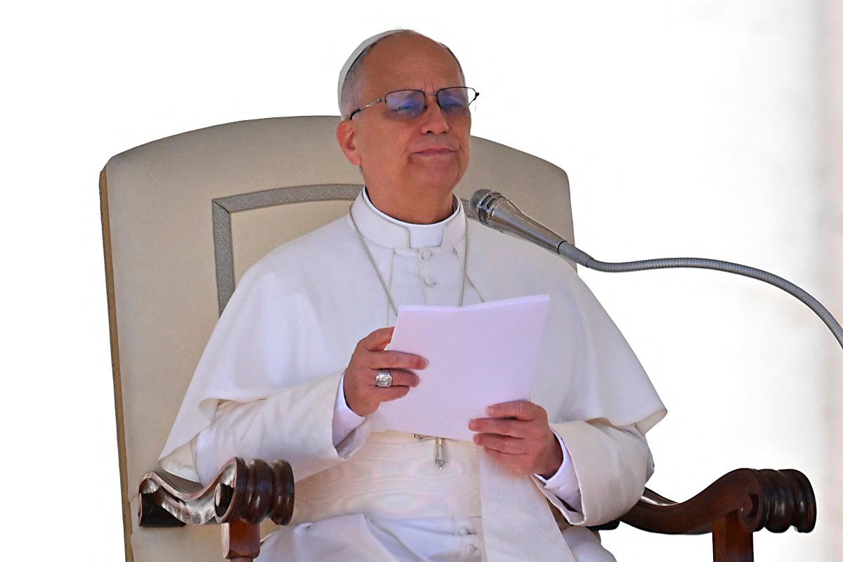 Pope Leo XIV delivers a speech during the weekly general audience at St Peter’s Square in the Vatican on October 8, 2025. - Andreas SOLARO / AFP