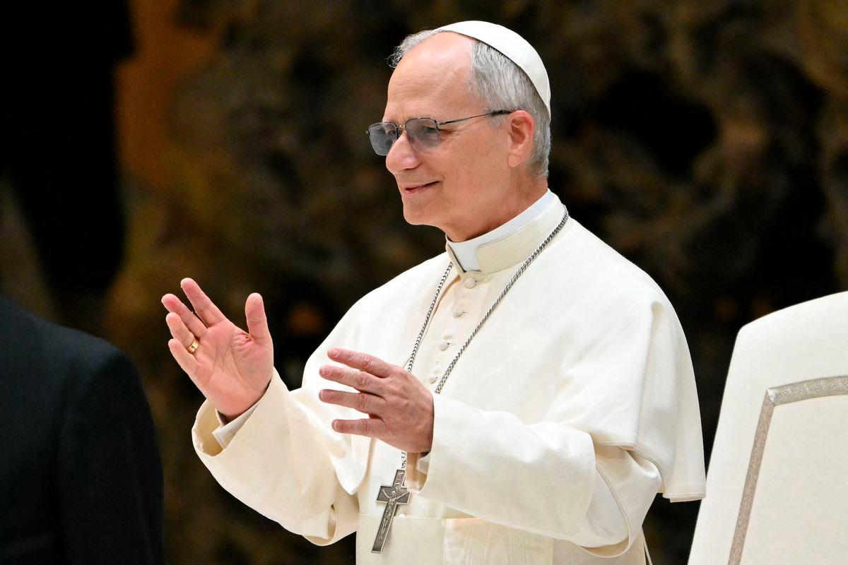 Pope Leo XIV leads an audience to representatives of the media, at Paul-VI hall in The Vatican, on May 12, 2025. - AFPPIX