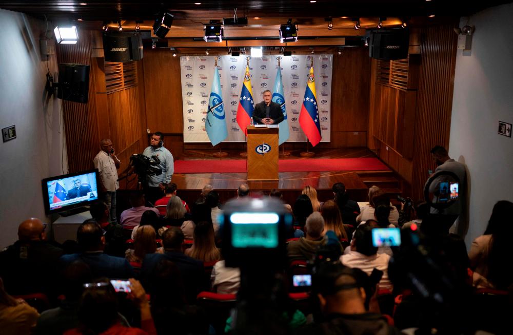 The Attorney General of the Republic of Venezuela, Tarek William Saab, gives a press conference related to recent arrests for corruption scandals, at the headquarters of the Public Prosecutor’s Office in Caracas on April 5, 2023. AFPPIX