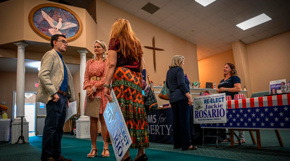 A school board campaign event in Vero Beach, Florida, gets under way inside a church. AFPPIX
