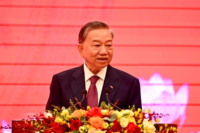 General Secretary of the Communist Party of Vietnam and President To Lam speaks during a press conference at the National Convention Center in Hanoi on August 3, 2024. Vietnamese President To Lam was formally named the country's top leader August 3, pledging to speed up a sweeping graft campaign that has snared thousands in recent years. The Communist Party elected Lam as general secretary in the morning, the party said at a press conference, making him the most powerful figure in Vietnam's leadership structure. (Photo by Nhac NGUYEN / AFP)