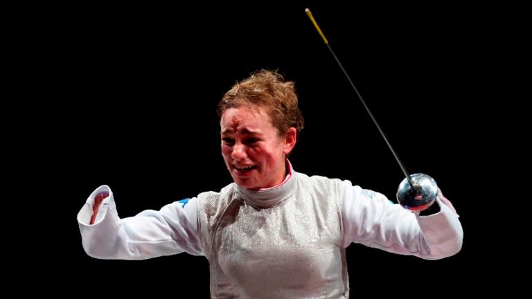 Italy’s Beatrice Vio celebrates after winning the final bout against China’s Jingjing Zhou (unseen) in the wheelchair fencing women’s foil individual category B. – AFPPIX