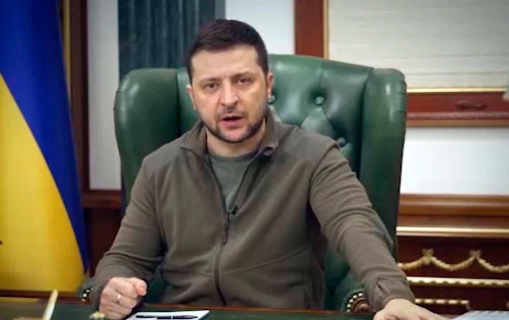 This handout video grab taken and released by the Ukraine Presidency press service on March 12, 202,2 shows Ukrainian President Volodymyr Zelensky speaking in capital Kyiv. UKRAINIAN PRESIDENCY PRESS OFFICE/AFPpix