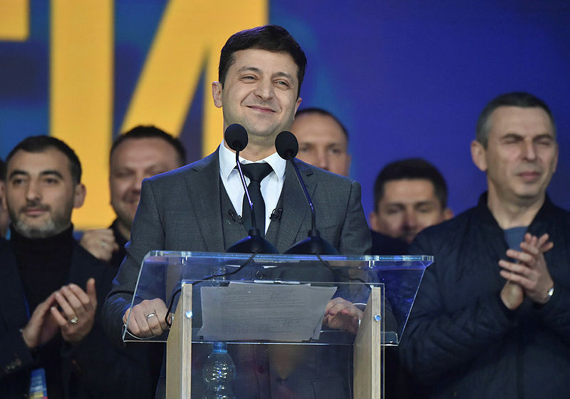 Presidential candidate Volodymyr Zelensky speaks during a presidential election debate with the Ukrainian President, at Olimpiyski stadium in Kiev on April 19, 2019. — AFP