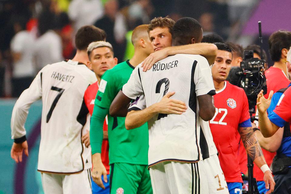 Football - FIFA World Cup Qatar 2022 - Group E - Costa Rica v Germany - Al Bayt Stadium, Al Khor, Qatar - December 1, 2022 Germany’s Thomas Muller and Antonio Rudiger look dejected after the match as Germany are eliminated from the World Cup REUTERSPIX