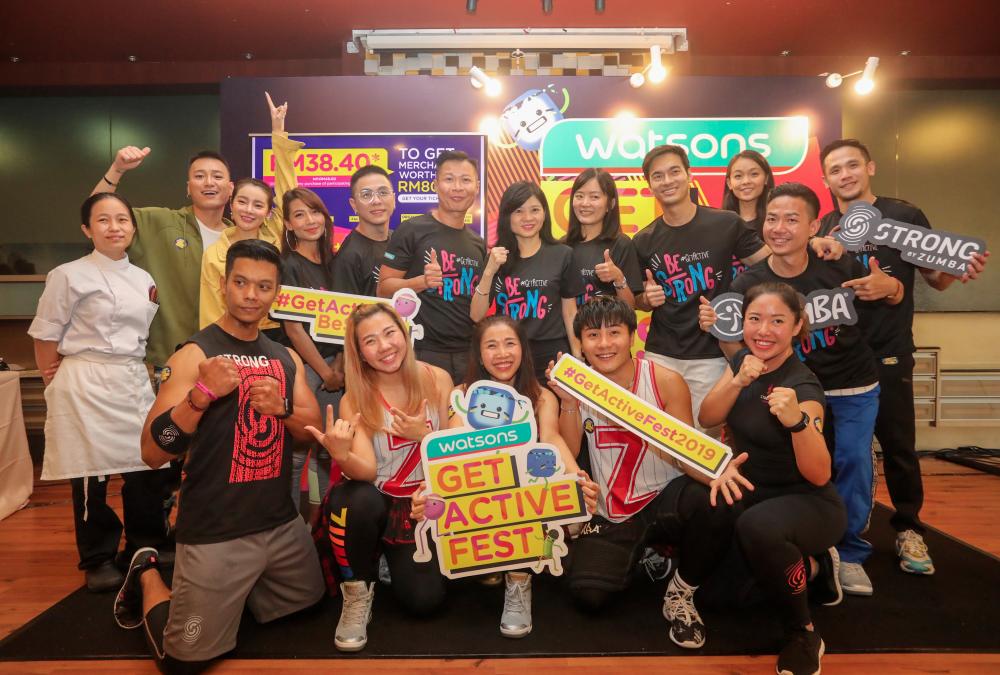 Loh (second row, seventh from left) with Watsons celebrity friends at the launch event. SUNPIX by ASYRAF RASID