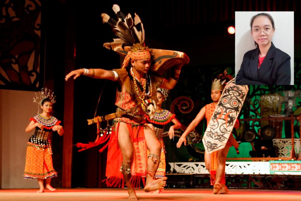 An Iban dance troupe perform the ngajat. The traditional musical instrument, tawak, can be seen playing in the back. Inset: Vernita Racha Anak Nicholas