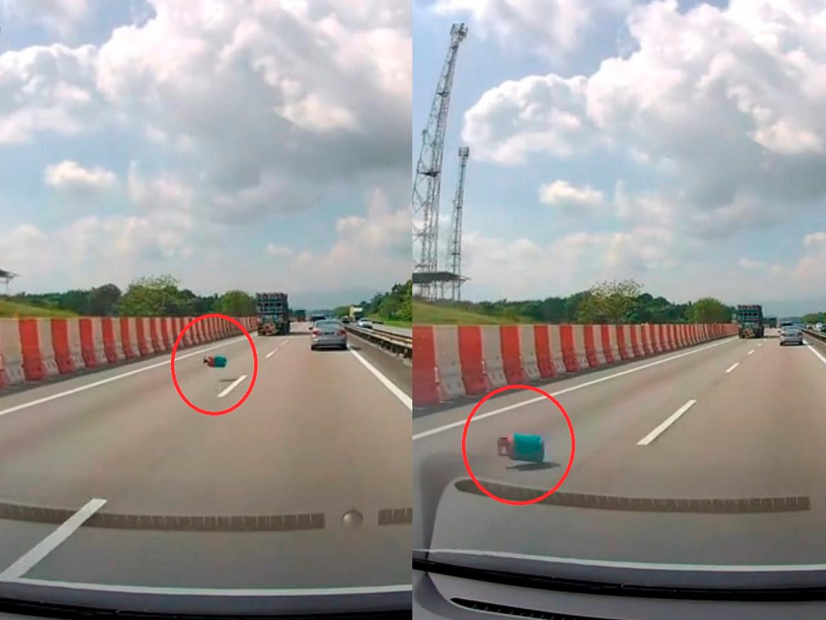 Gas cylinder falls from lorry on Johor highway, goes viral