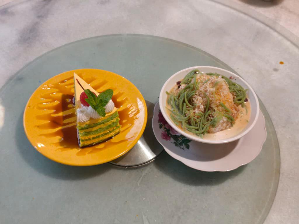 The desserts, chendol and pandan salted egg custard layered cake at Wild Coriander are must-try finishers. $!The desserts, chendol and pandan salted egg custard layered cake at Wild Coriander are must-try finishers.