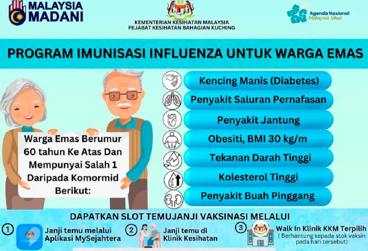 Sarawak Health Department advisory at district level urging influenza vaccination amidst outbreak at school level.
