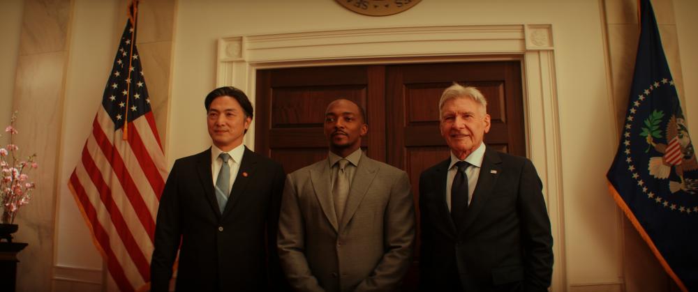 $!(from left): Prime Minister Ozaki (Takehiro Hira), Captain America (Mackie) and President Ross (Ford) meeting symbolises unity and impending chaos.