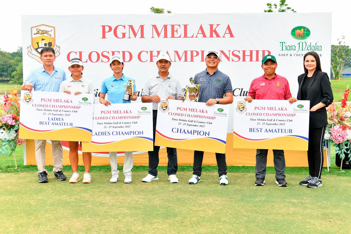 FROM LEFT TO RIGHT: Mr Lim Hong Chien, Vice Captain of Tiara Melaka GCC, Pang Hee Jie, Ladies Best Amateur, Jocelyn Chee, Ladies Champion, En Nik Mustapha, PGM General Manager, Paul San, Champion, Nor Haqeim Hadi, Best Amateur and Ms Priscilla Wong, Club Manager of Tiara Melaka GCC. – PGM