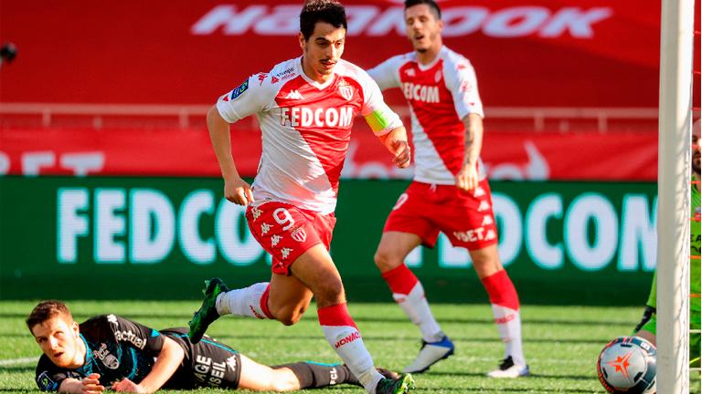 Monaco’s French forward Wissam Ben Yedder (centre) scores a goal during the French Ligue 1 match against Lorient at The Louis II Stadium in Monaco on Feb 14, 2021. – AFP