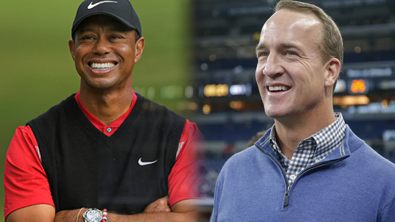 Tiger Woods (left) and Peyton Manning will partner each other on Sunday’s charity showdown with Phil Mickelson.