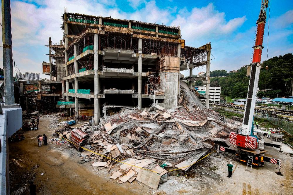 The wreckage after part of the Gombak LRT car park that was under construction collapsed. — Bernama