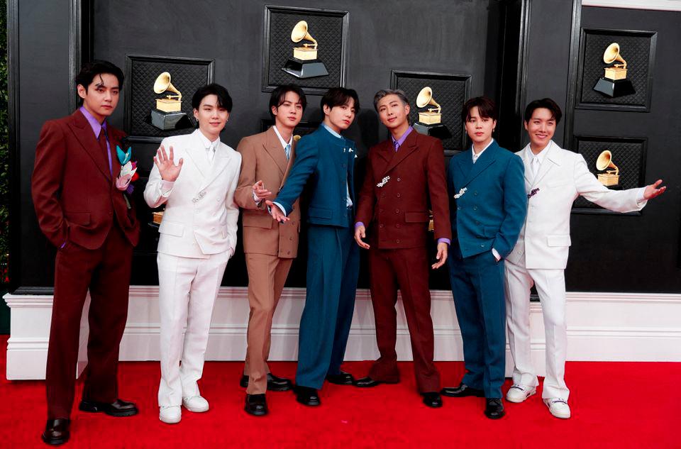 BTS pose on the red carpet as they attend the 64th Annual Grammy Awards at the MGM Grand Garden Arena in Las Vegas, Nevada, U.S., April 3, 2022. - REUTERSPIX