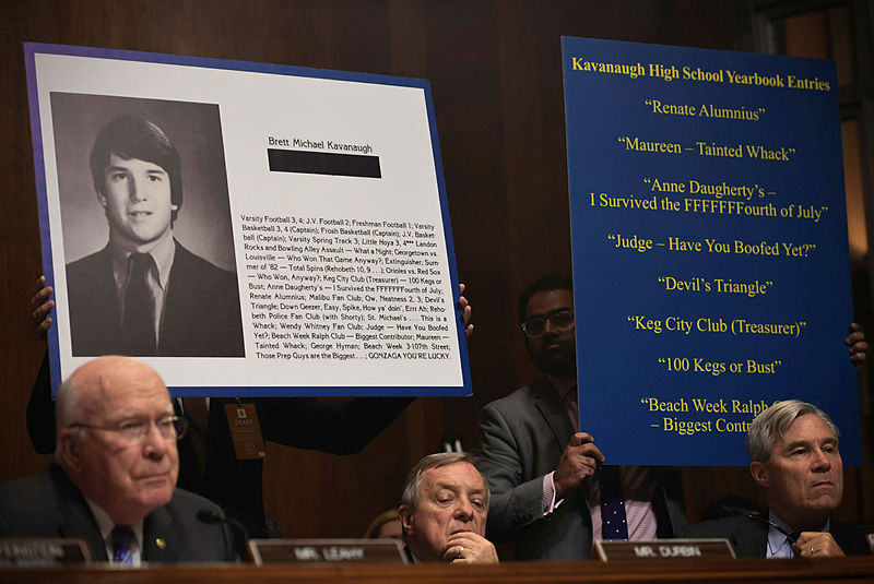 In this file photo taken on Sept 27, 2018 extracts of Supreme Court nominee Brett Kavanaugh’s high school yearbook are displayed as he testifies before the US Senate Judiciary Committee on Capitol Hill in Washington, DC. — AFP