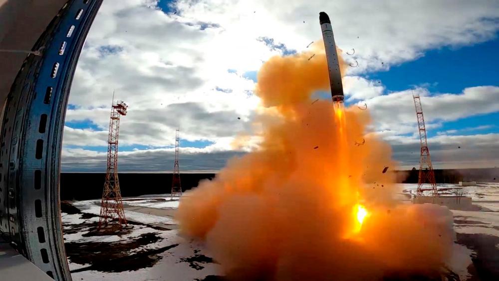 A Sarmat intercontinental ballistic missile is test-launched by the Russian military at the Plesetsk cosmodrome in Arkhangelsk region, Russia, in this still image taken from a video released on April 20, 2022. REUTERSPIX