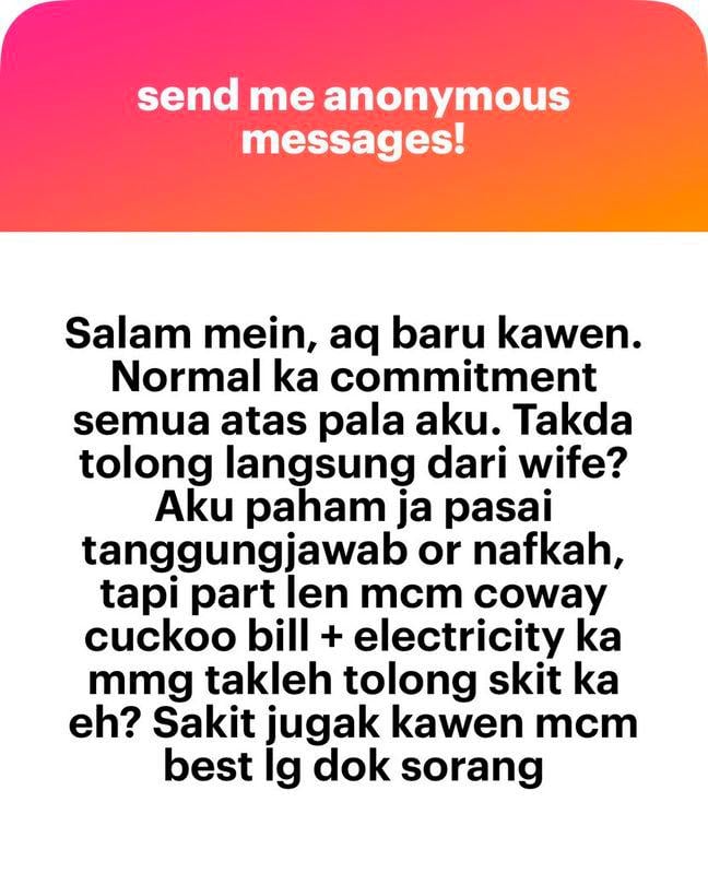 Newly married Malaysian complains about shouldering all household bills