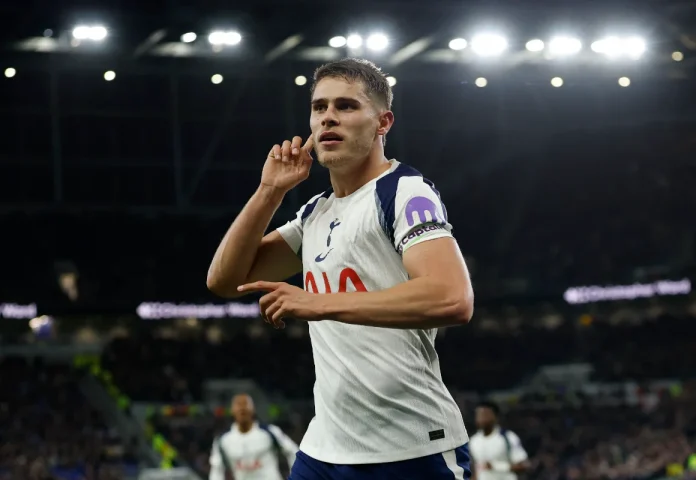 Tottenham Hotspur's Micky van de Ven celebrates scoring their second goal Action Images via Reuters/Jason Cairnduff