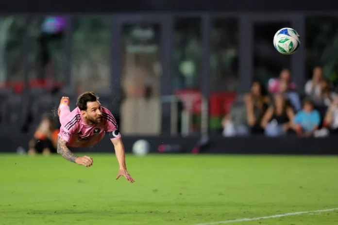 Inter Miami CF forward Lionel Messi (10) scores against Nashville SC during the first half at Chase Stadium.