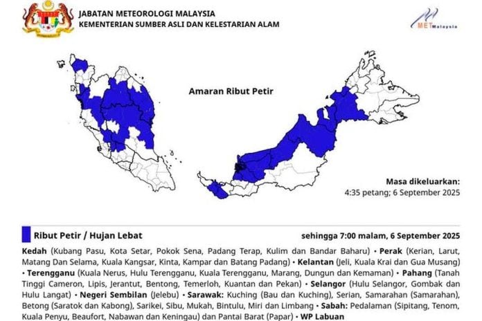 Amaran ribut petir di 10 negeri hingga 7 malam ini