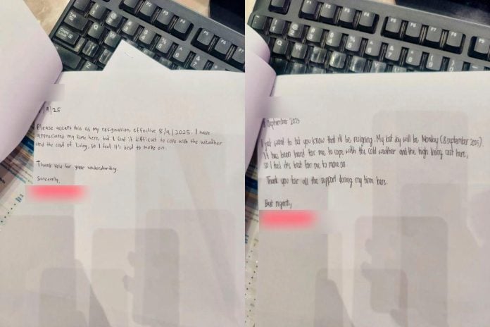“Difficult to cope with weather &amp; cost of living” — Gen Z staff sends handwritten resignation letter