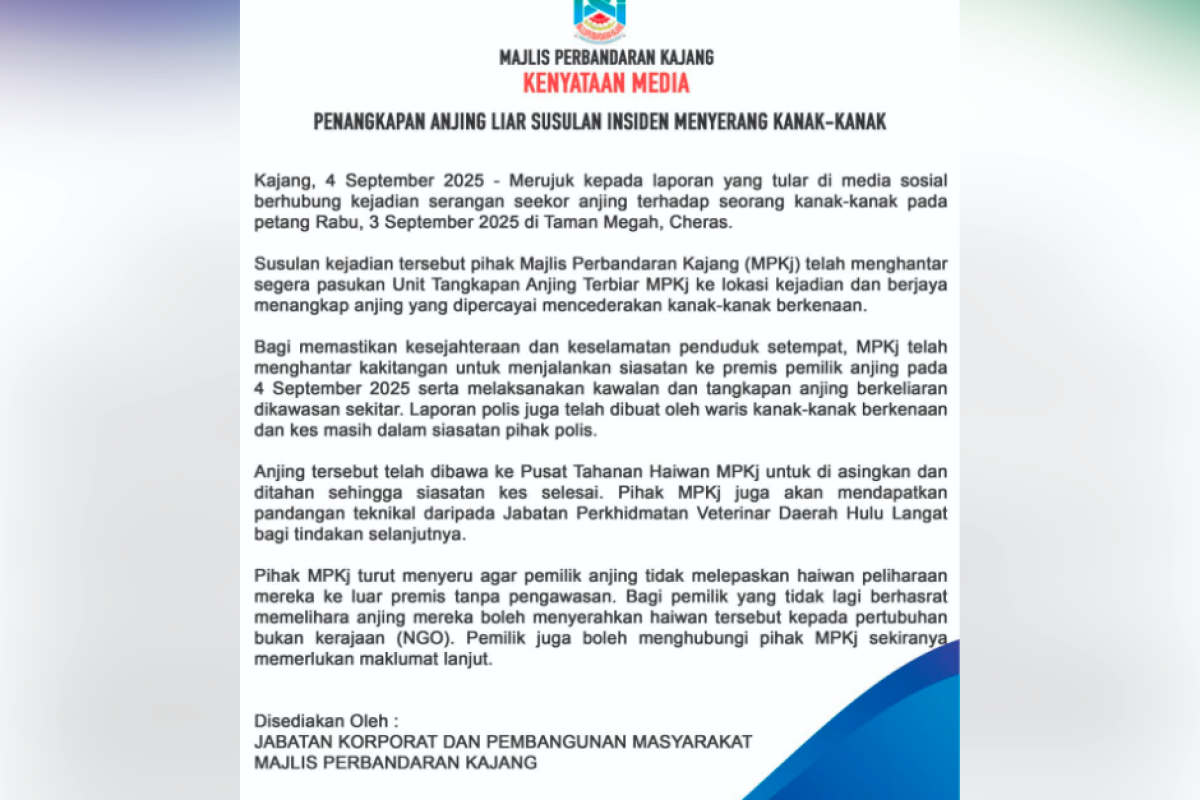 MPKj nabs dog that bit 6yo in Cheras, urges owners to keep pets secured MPKj nabs dog that bit 6yo in Cheras, urges owners to keep pets secured