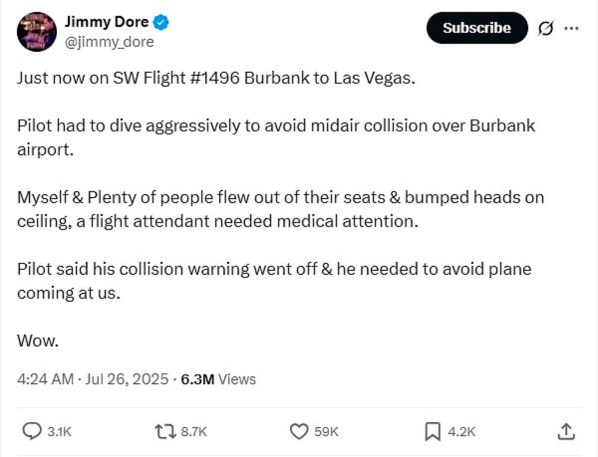 Southwest Airlines flight dives to avoid mid-air collision near Burbank
