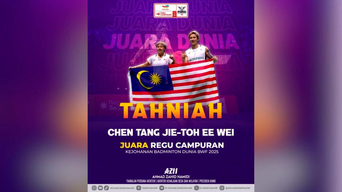 TPM Ahmad Zahid ucap tahniah buat Tang Jie-Ee Wei juarai Badminton Dunia 2025 TPM Ahmad Zahid ucap tahniah buat Tang Jie-Ee Wei juarai Badminton Dunia 2025