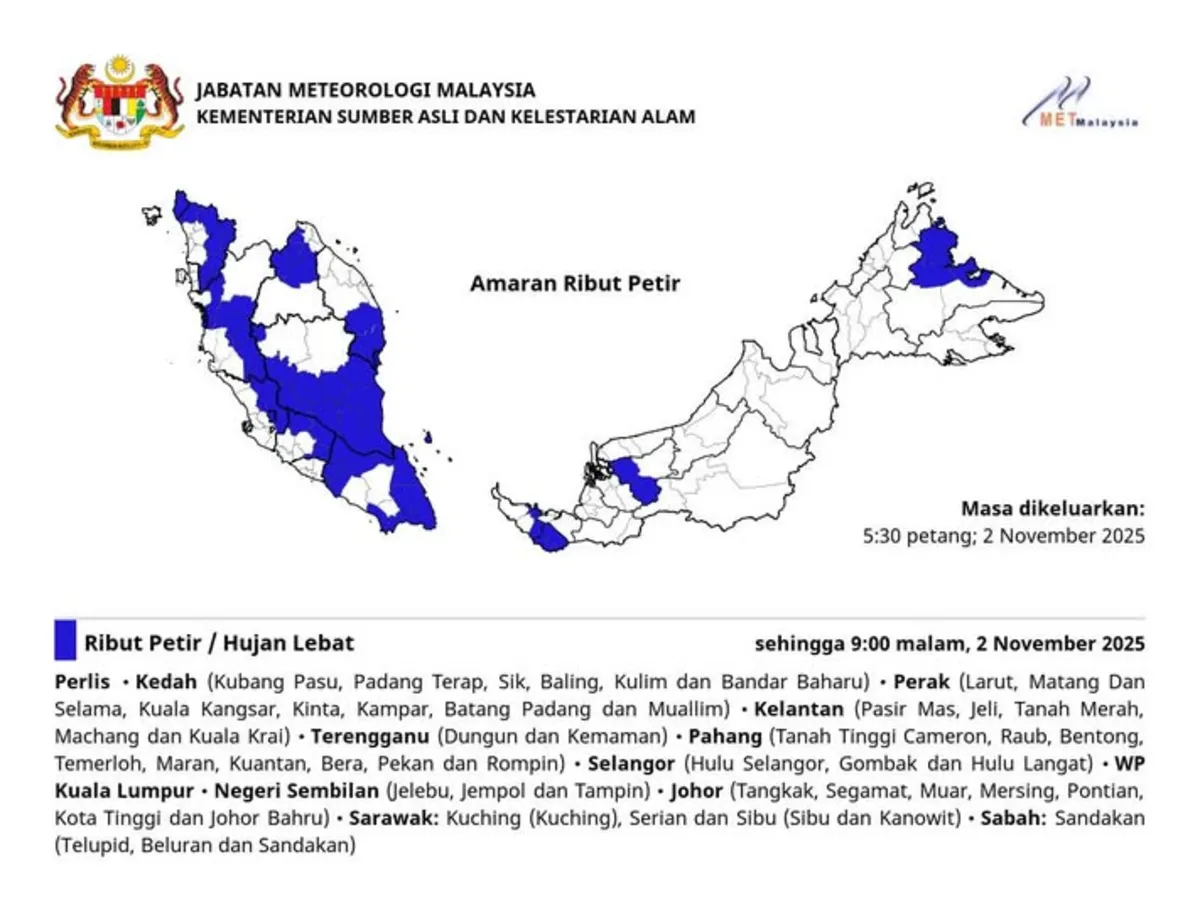Ribut petir dan hujan lebat dijangka landa hampir seluruh negara Ribut petir dan hujan lebat dijangka landa hampir seluruh negara