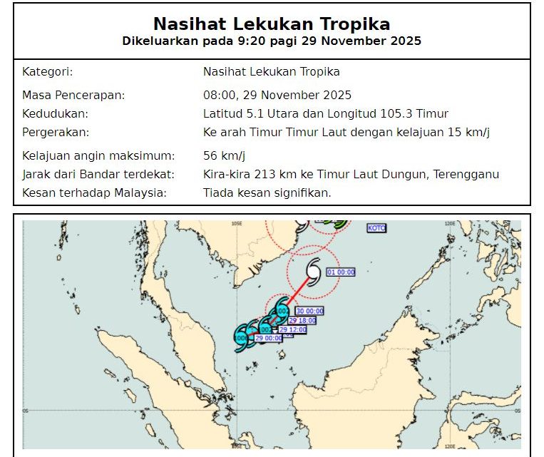 Tropical depression advisory issued near Dungun, Terengganu