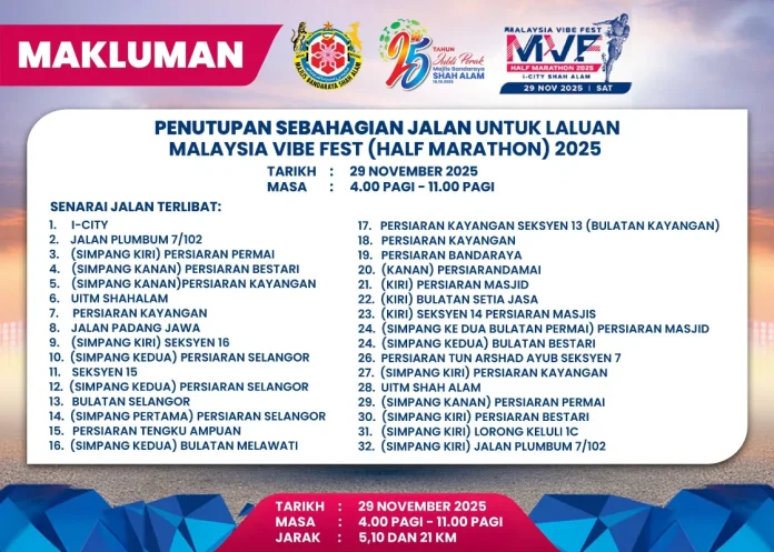 Shah Alam road closures announced for Malaysia Vibe Fest half marathon