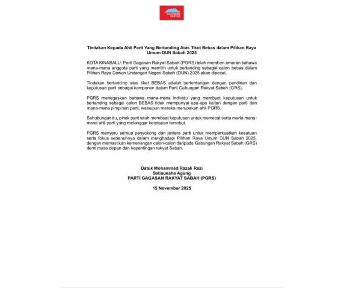 Sabah party PGRS to expel members contesting as independents