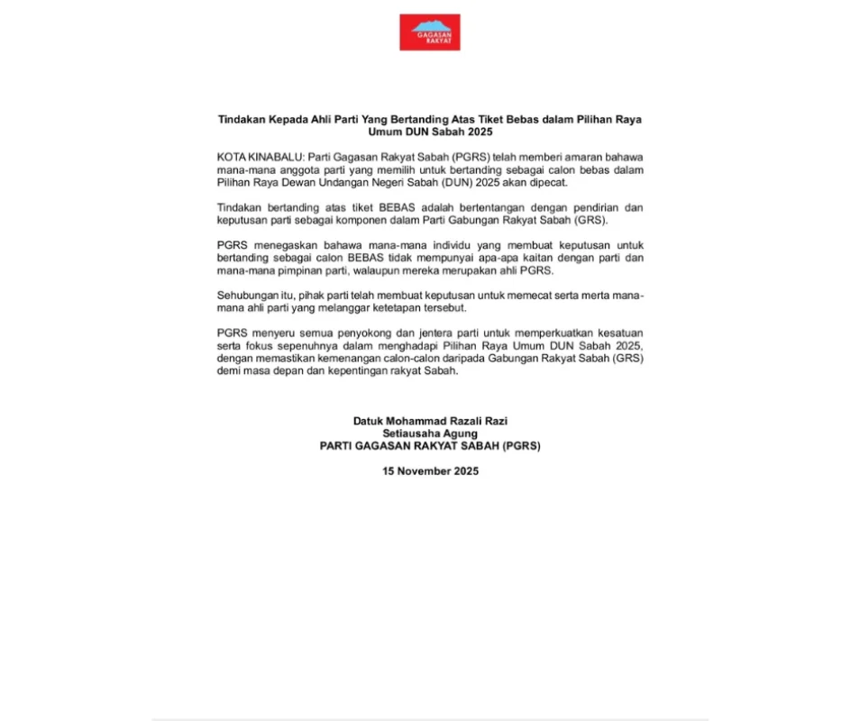 Sabah party PGRS to expel members contesting as independents Sabah party PGRS to expel members contesting as independents