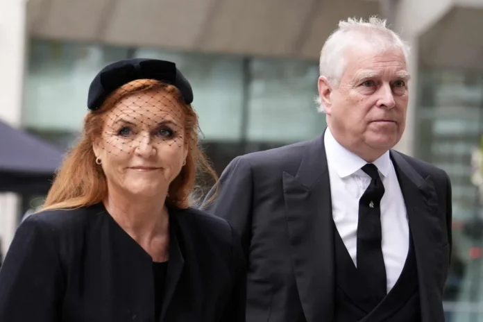 Sarah, Duchess of York (L) and Britain's Prince Andrew, Duke of York arrive to attend a Requiem Mass, a Catholic funeral service, for the late Katharine, Duchess of Kent, at Westminster Cathedral in London on September 16, 2025. Sarah Ferguson, the ex-wife of King Charles III's younger brother Andrew, has shared living quarters with her ex-husband for years. Now, she will share the loss of their titles and their home. (Photo by Jordan Pettitt / POOL / AFP)