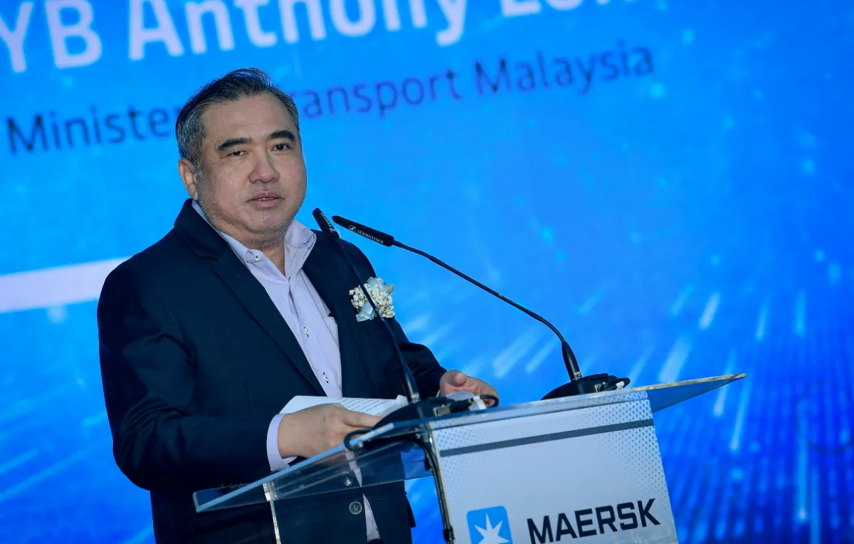 sg16-05112025-maersk Transport Minister Anthony Loke speaks during the opening of the MAERSK Mega Distribution Centre in Section 26 yesterday.