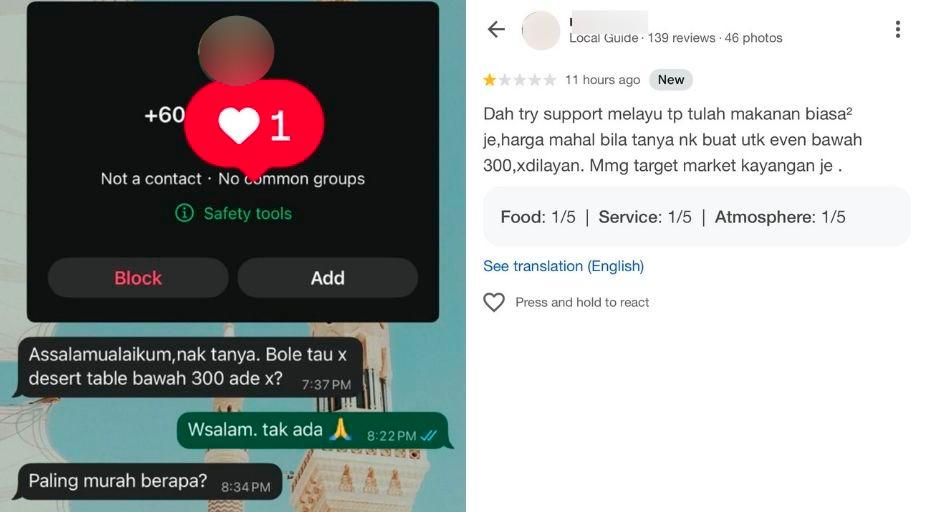 Customer inquiring about pricing allegedly leaves one-star review for Nilai dessert shop