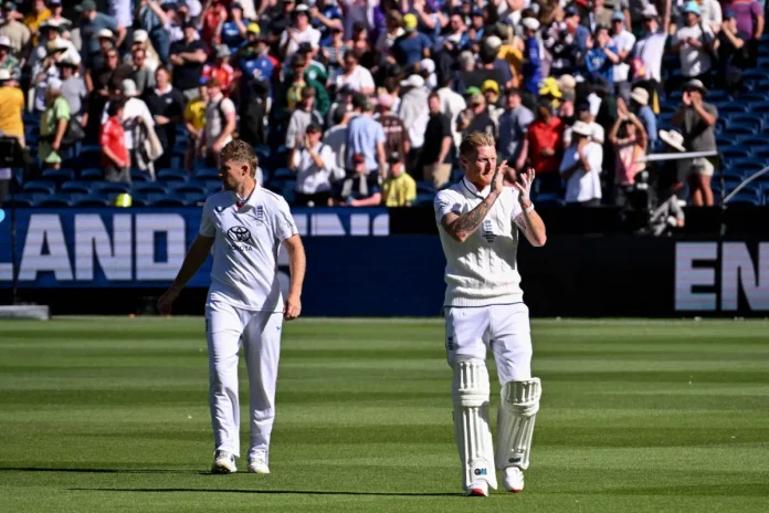 England captain Ben Stokes (R) and Joe Root (L) wave to the fans on the second day of the fourth Ashes cricket Test match between Australia and England at the Melbourne Cricket Ground (MCG) in Melbourne on December 27, 2025.