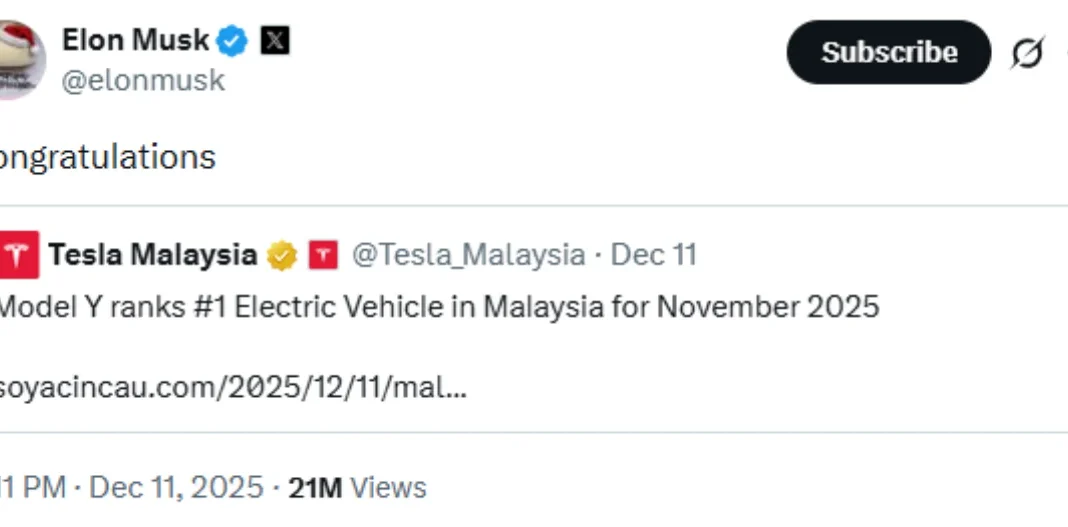 Elon Musk congratulates Tesla Malaysia as Model Y tops EV registrations in November