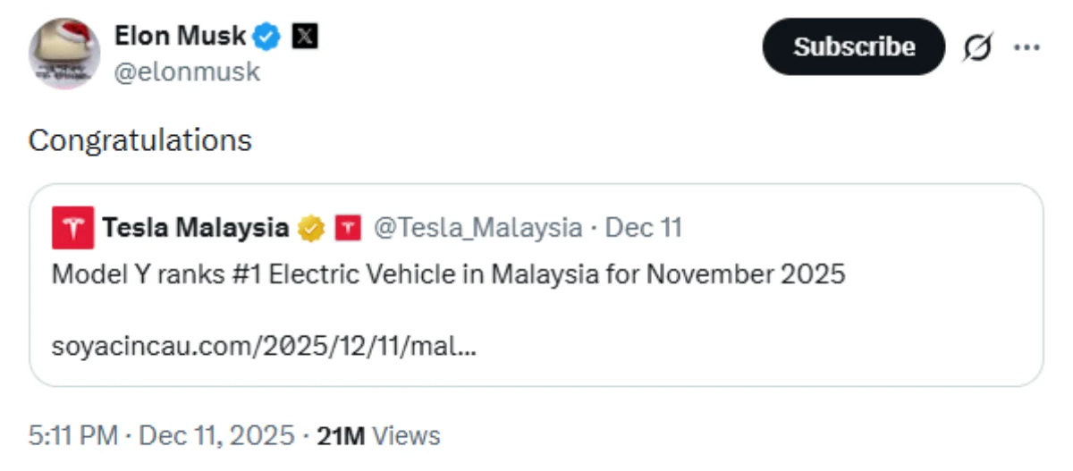 Elon_Musk_congratulates_Tesla_Malaysia_as_Model_Y_tops_EV_registrations_in_November Elon Musk congratulates Tesla Malaysia as Model Y tops EV registrations in November