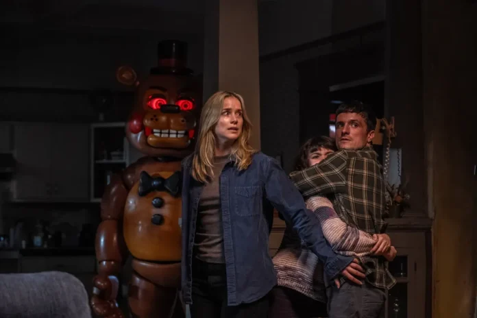 From left: Toy Freddy stalking Vanessa (Elizabeth Lail), Abby and Mike. – PICS FROM IMDB