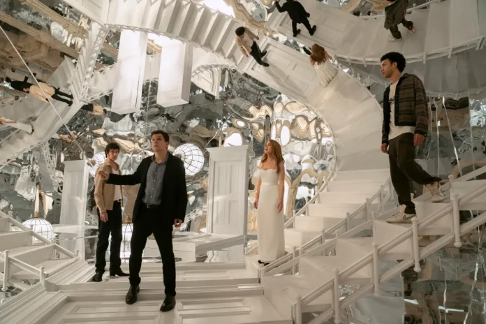 Now You See Me 3 The group navigates a surreal illusion space built from spiralling staircases and distorted reflections. – ALL PICS FROM IMDB