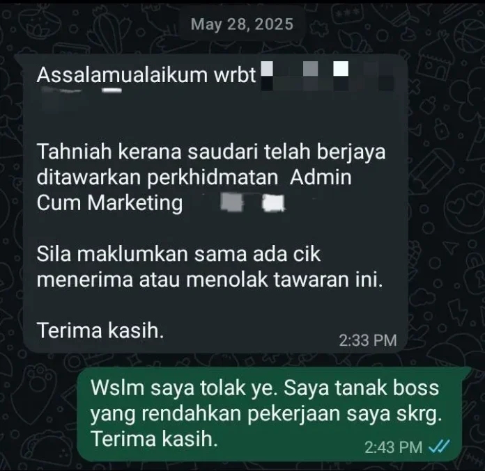 M’sian woman rejects job offering RM1.3k pay for “admin cum marketing” title