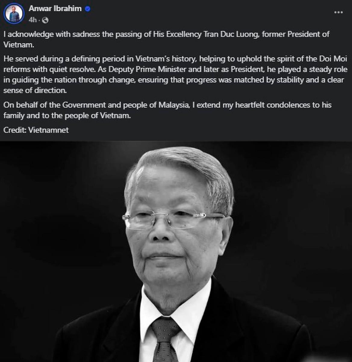 Anwar expresses condolences over passing of former Vietnamese President Tran Duc Luong